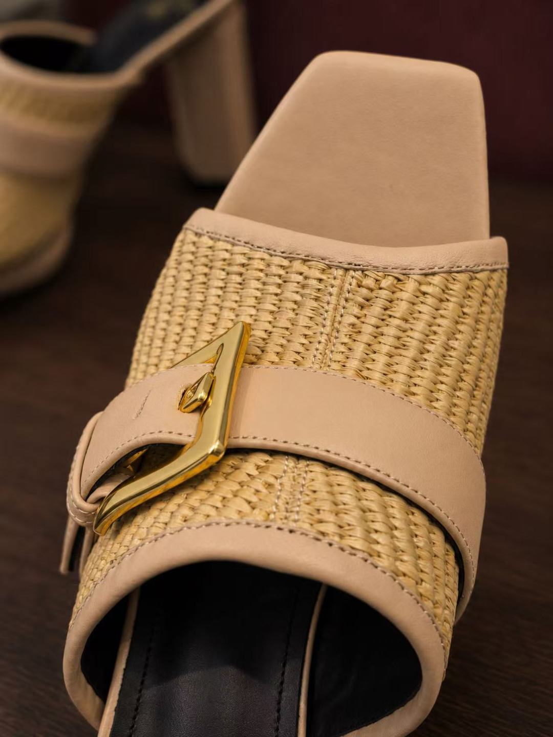 Balmain Raffia Platform Block Heel Mules