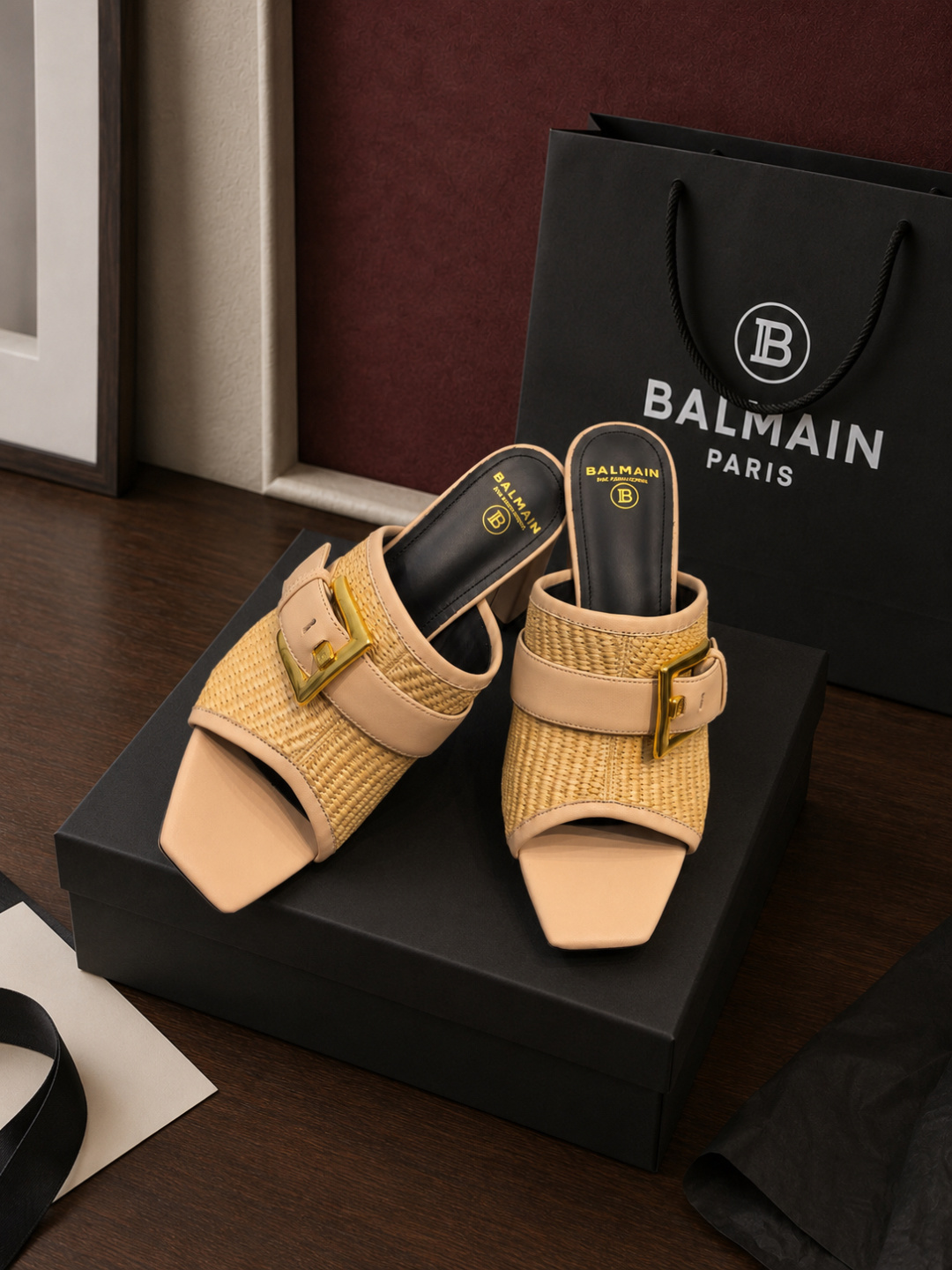 Balmain Raffia Platform Block Heel Mules