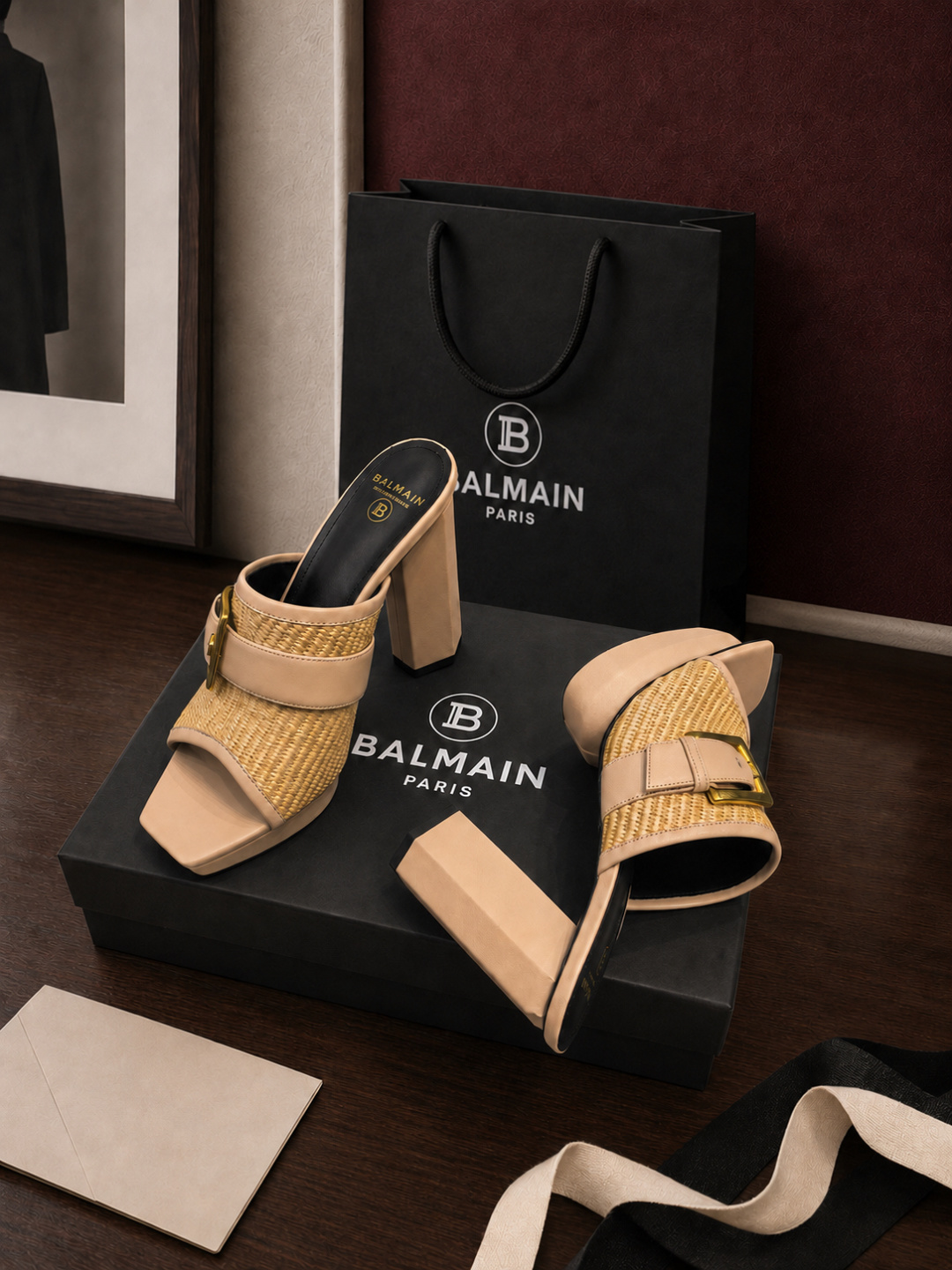 Balmain Raffia Platform Block Heel Mules
