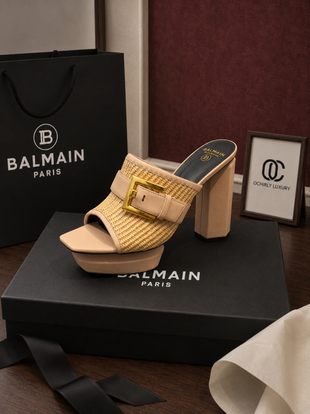 Balmain Raffia Platform Block Heel Mules