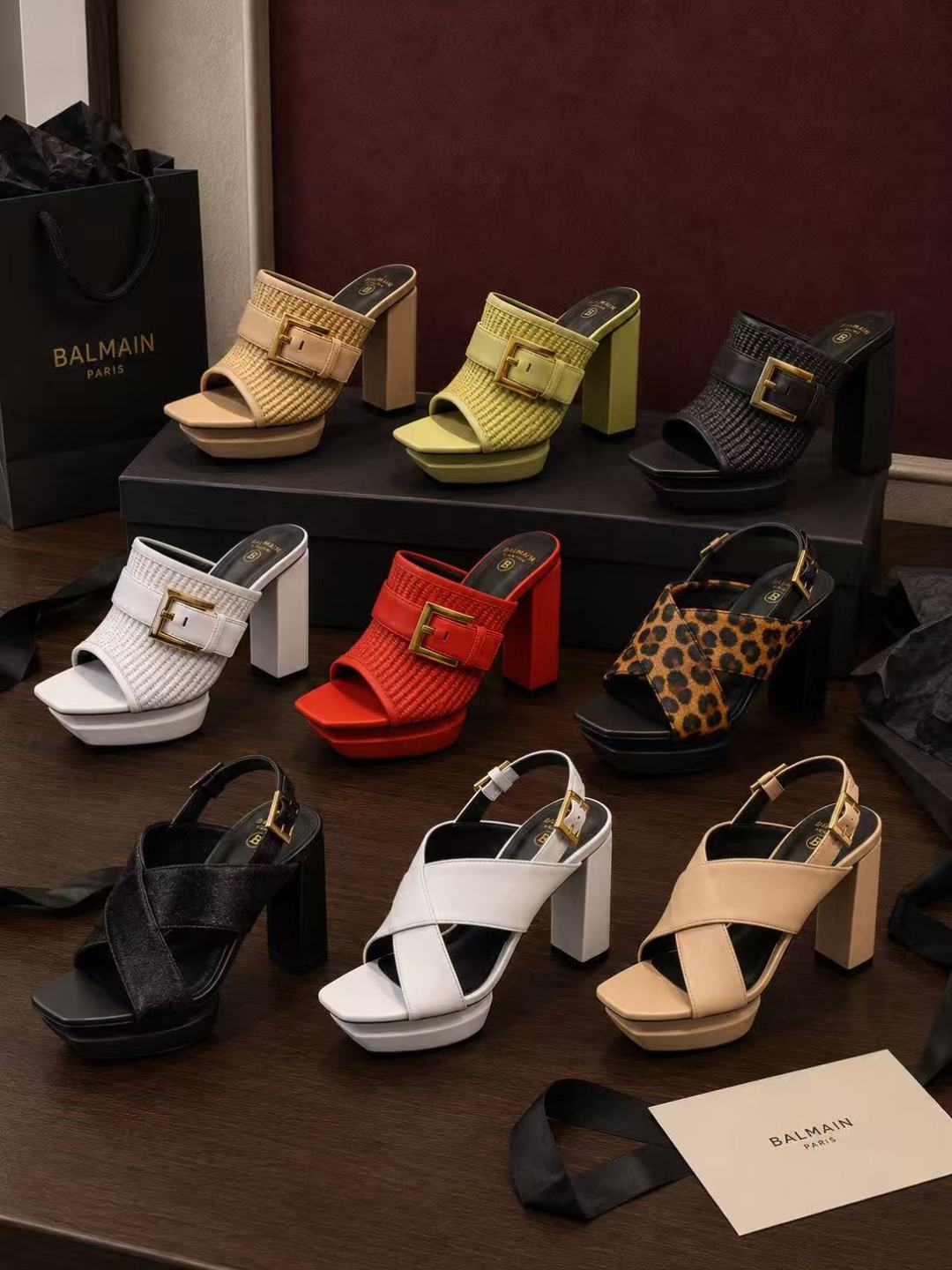 Balmain Raffia Platform Block Heel Mules