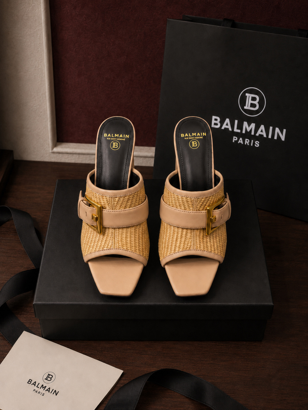 Balmain Raffia Platform Block Heel Mules