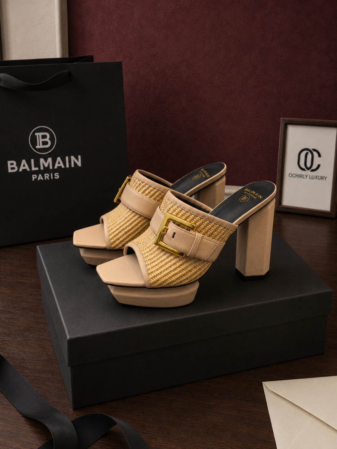 Balmain Raffia Platform Block Heel Mules