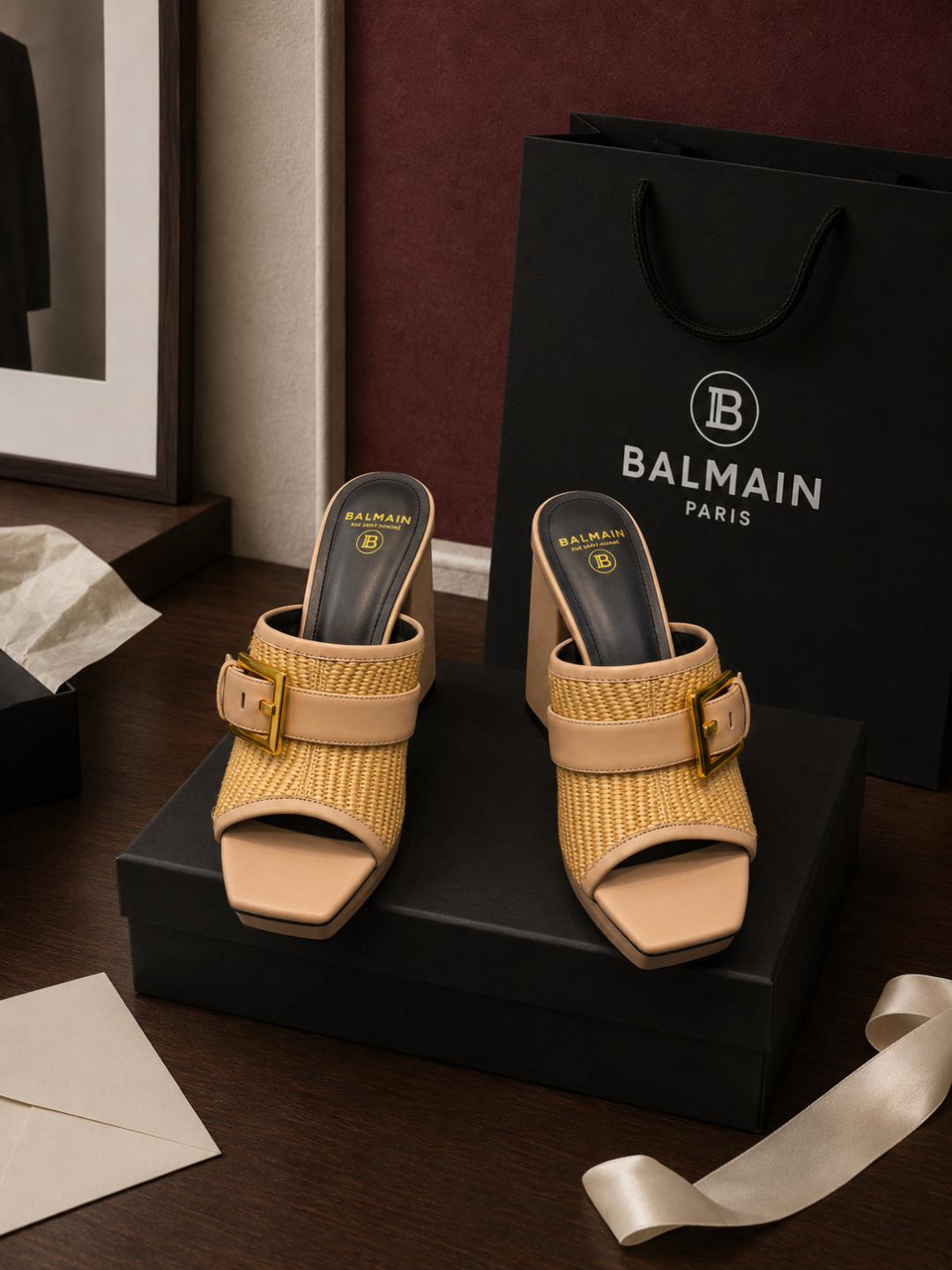 Balmain Raffia Platform Block Heel Mules