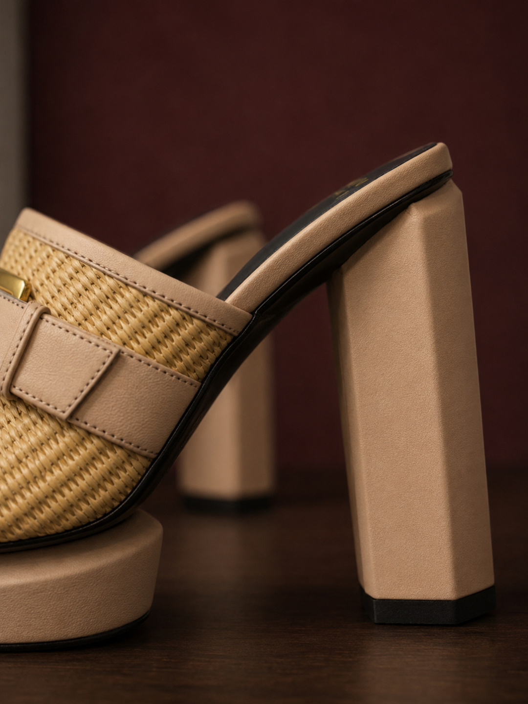 Balmain Raffia Platform Block Heel Mules