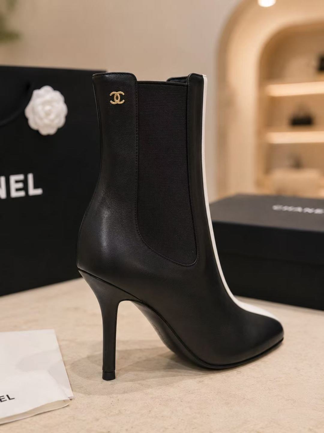 Chanel Black & White Stiletto Ankle Boots