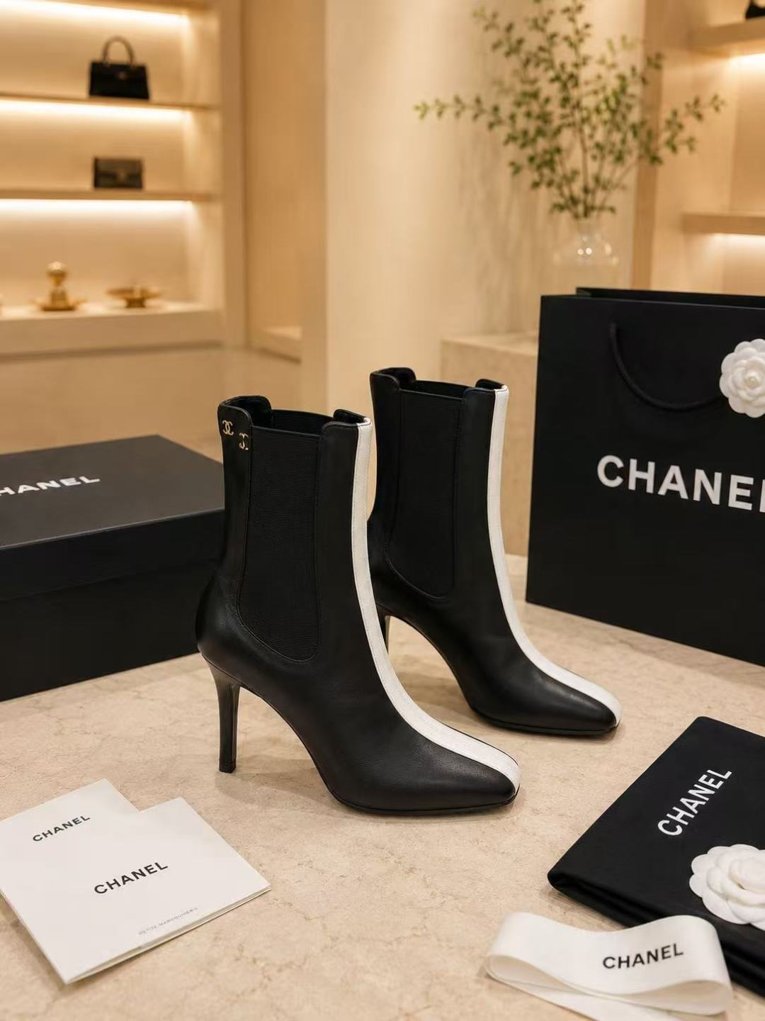 Chanel Black & White Stiletto Ankle Boots