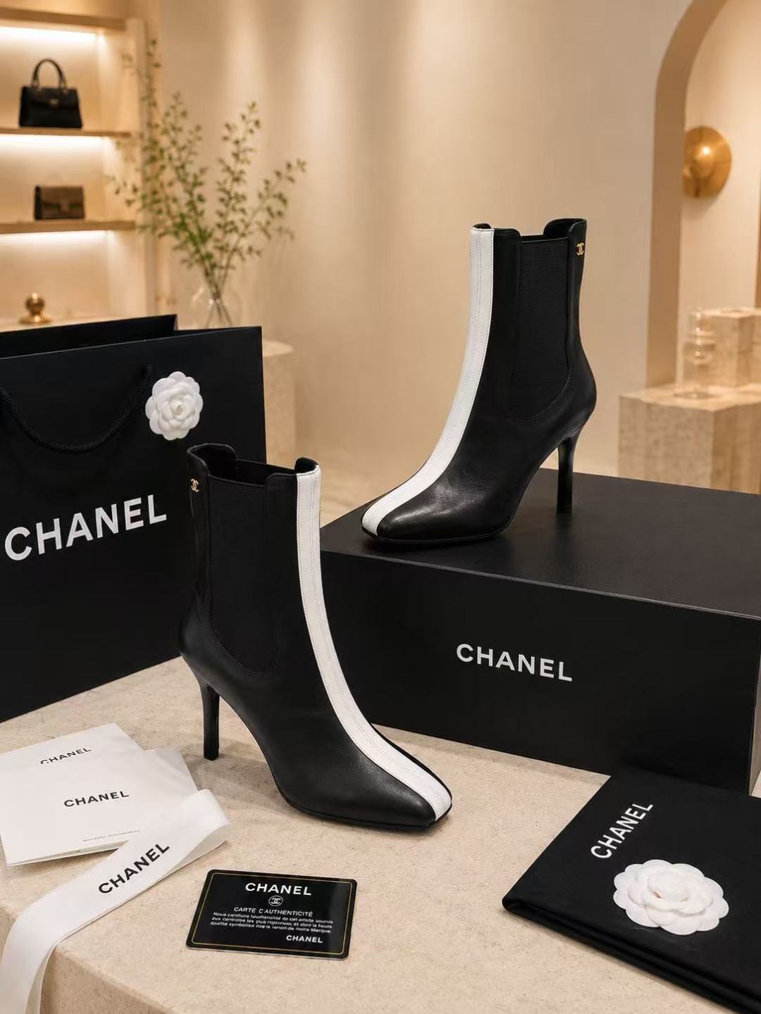 Chanel Black & White Stiletto Ankle Boots