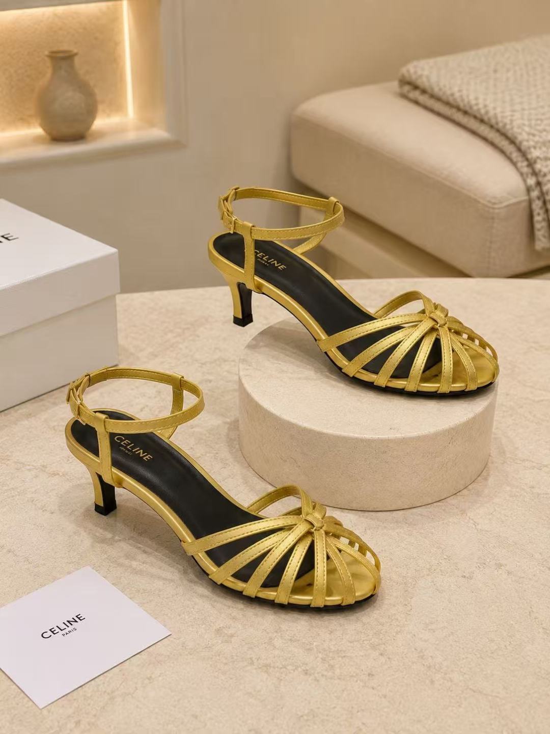 Celine Gold Strappy Kitten Heel Sandals
