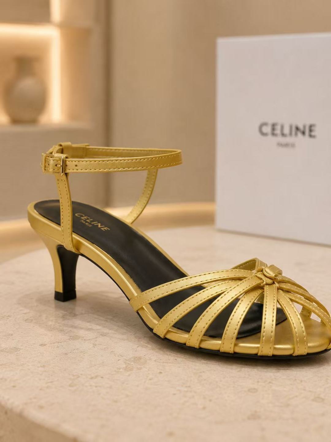 Celine Gold Strappy Kitten Heel Sandals