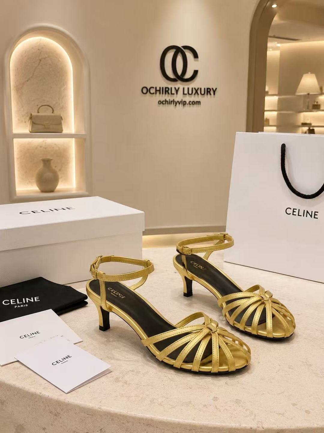 Celine Gold Strappy Kitten Heel Sandals