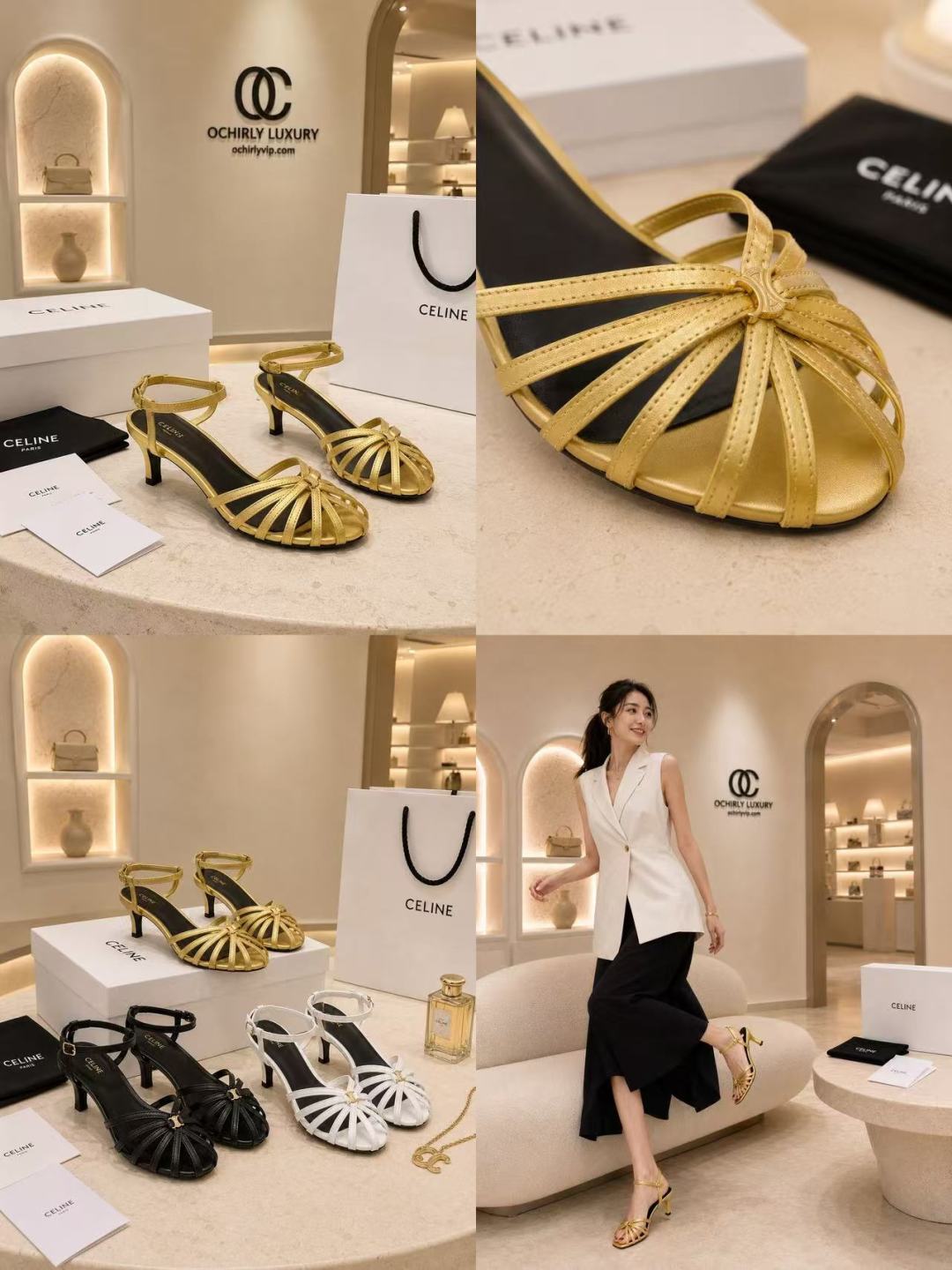 Celine Gold Strappy Kitten Heel Sandals