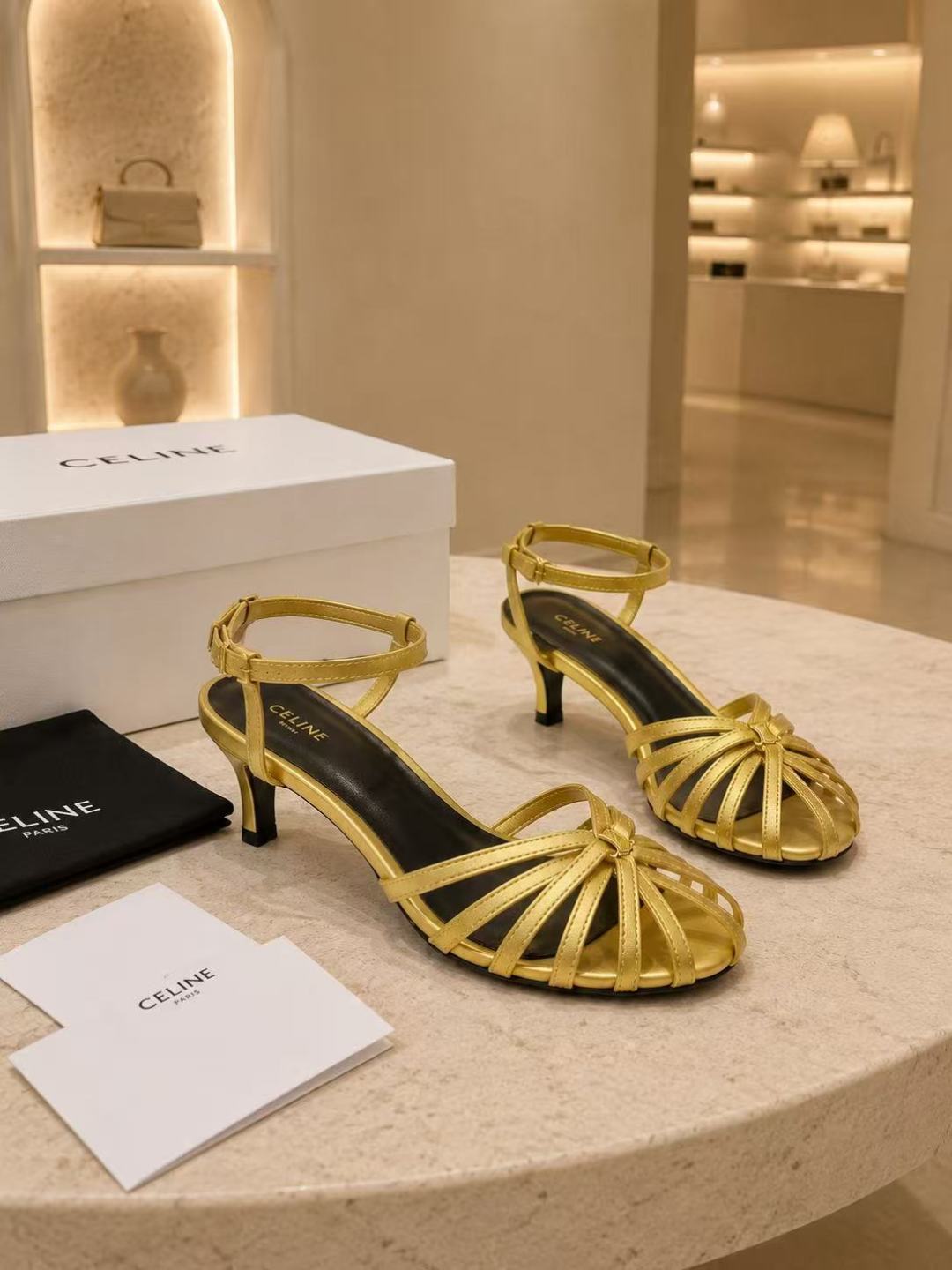 Celine Gold Strappy Kitten Heel Sandals