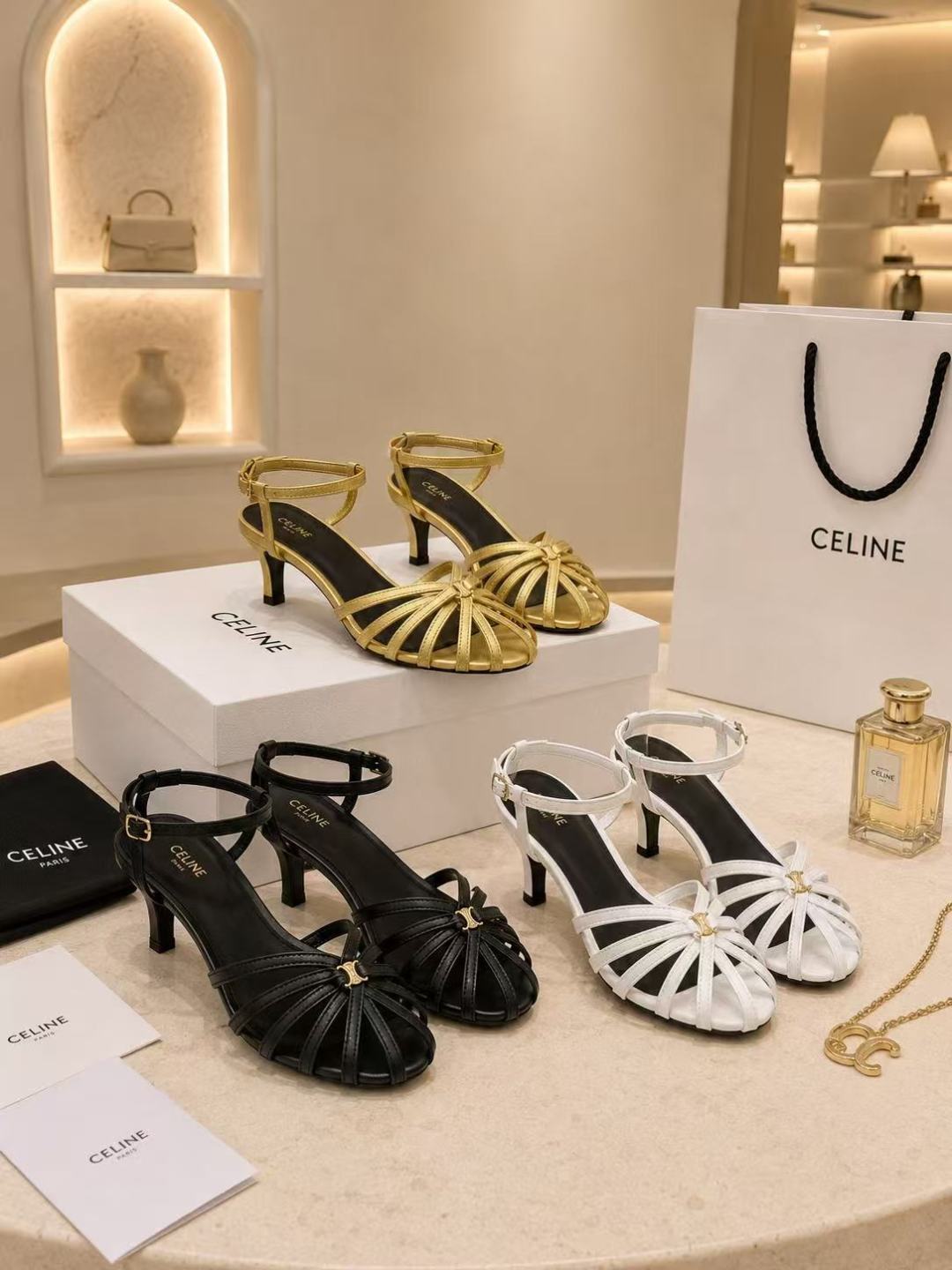 Celine Gold Strappy Kitten Heel Sandals