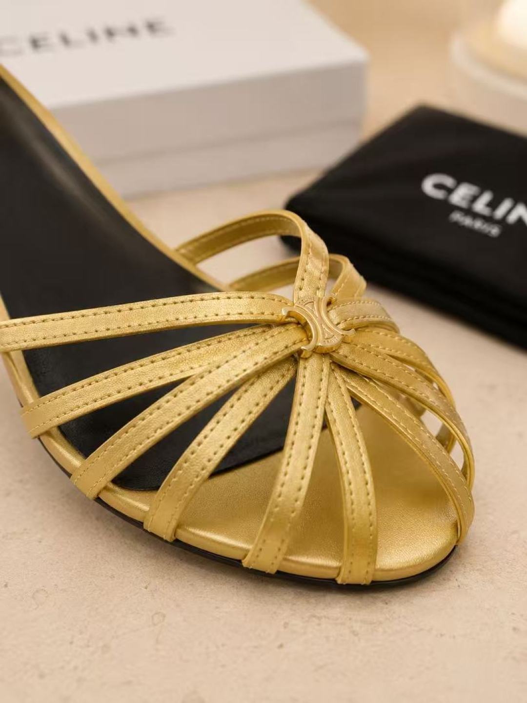 Celine Gold Strappy Kitten Heel Sandals