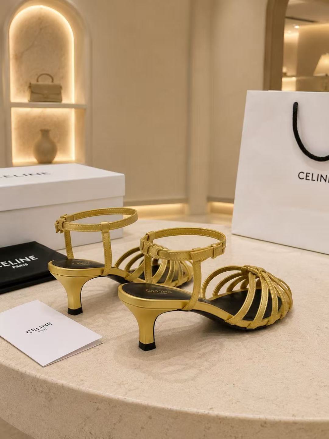 Celine Gold Strappy Kitten Heel Sandals