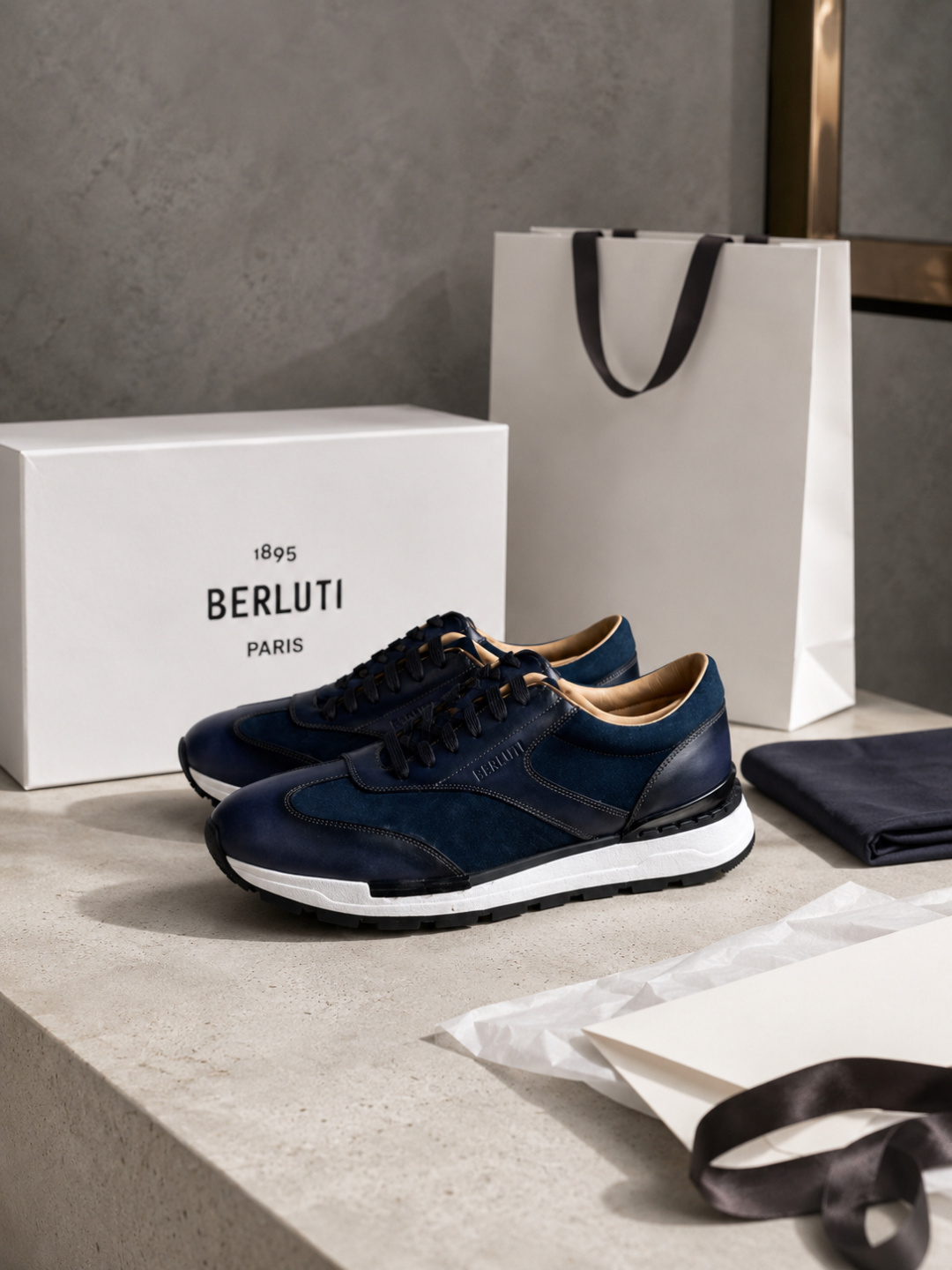 Berluti Blue Patina Leather Suede Sneakers