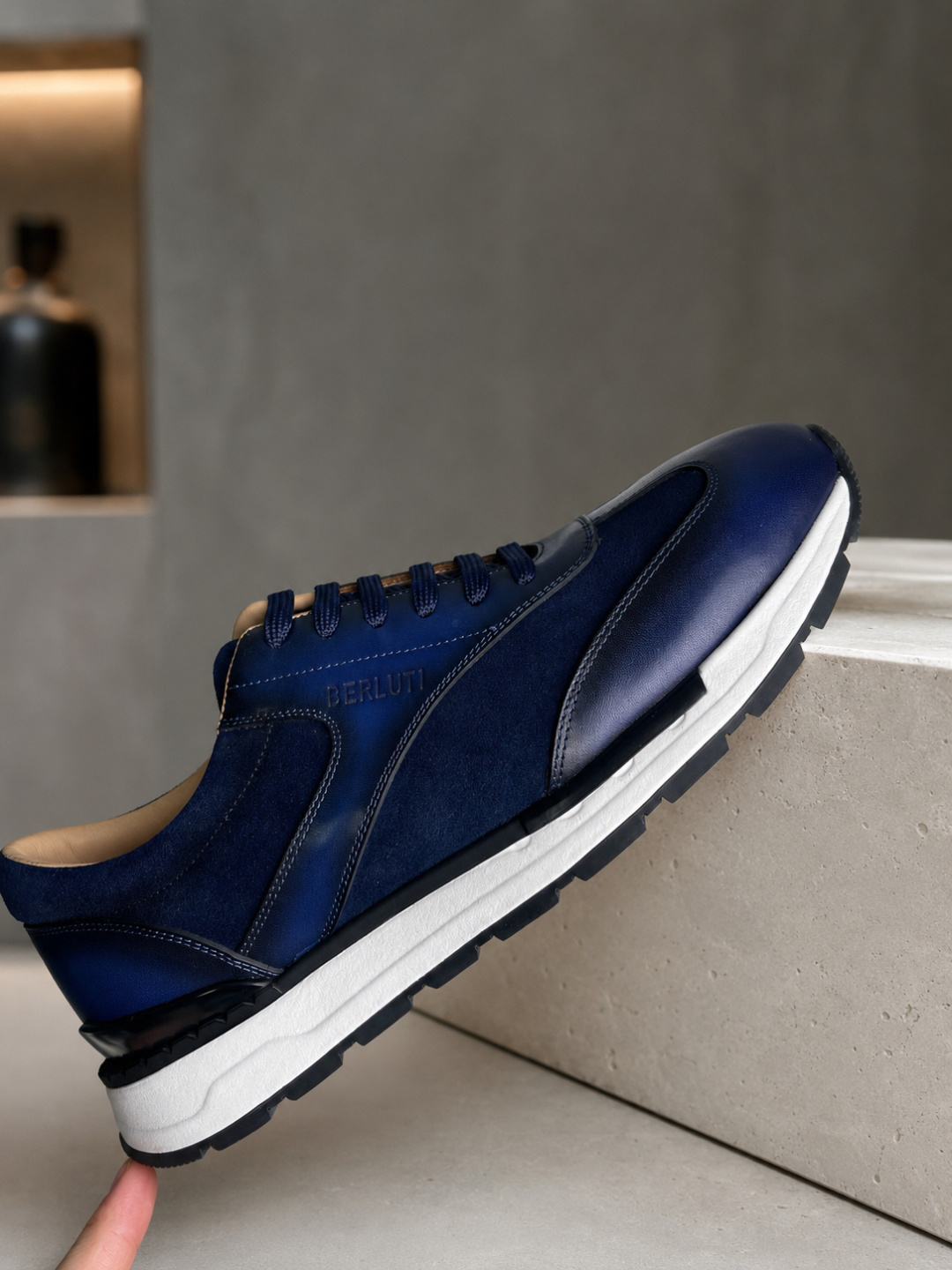 Berluti Blue Patina Leather Suede Sneakers