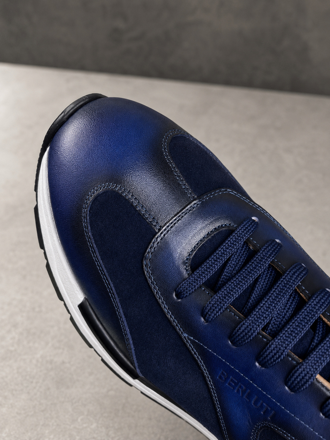Berluti Blue Patina Leather Suede Sneakers