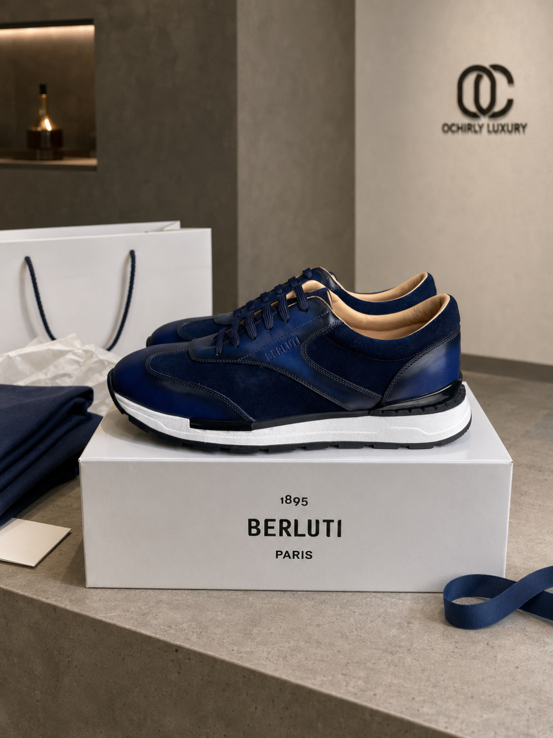 Berluti Blue Patina Leather Suede Sneakers
