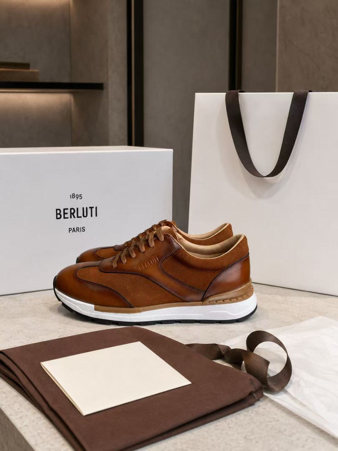Berluti Blue Patina Leather Suede Sneakers