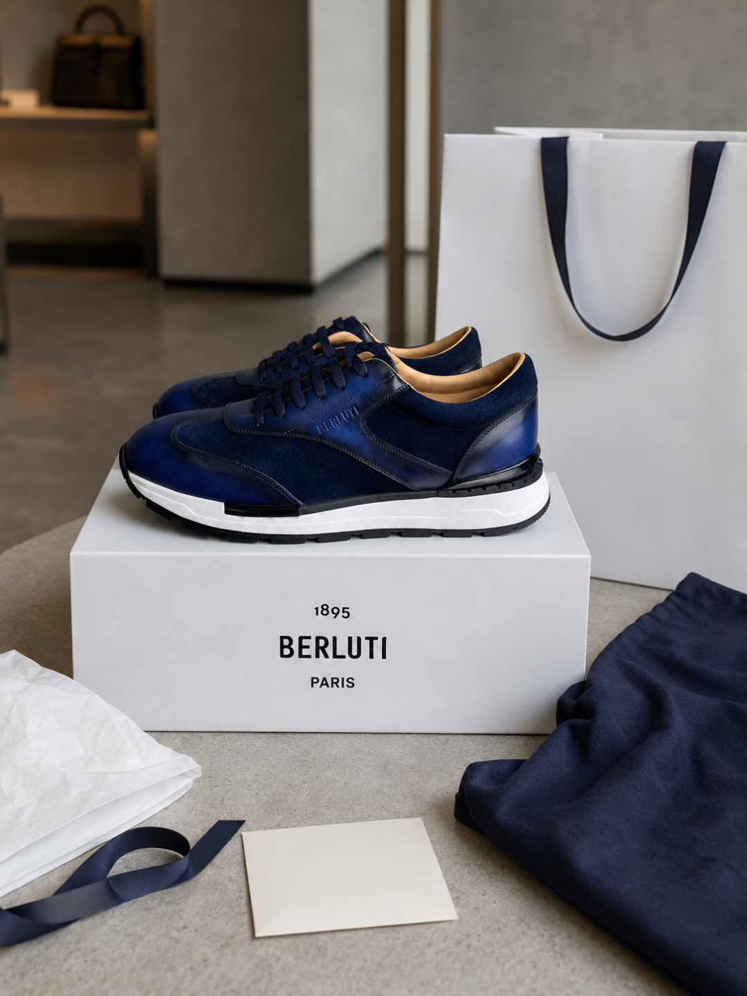 Berluti Blue Patina Leather Suede Sneakers