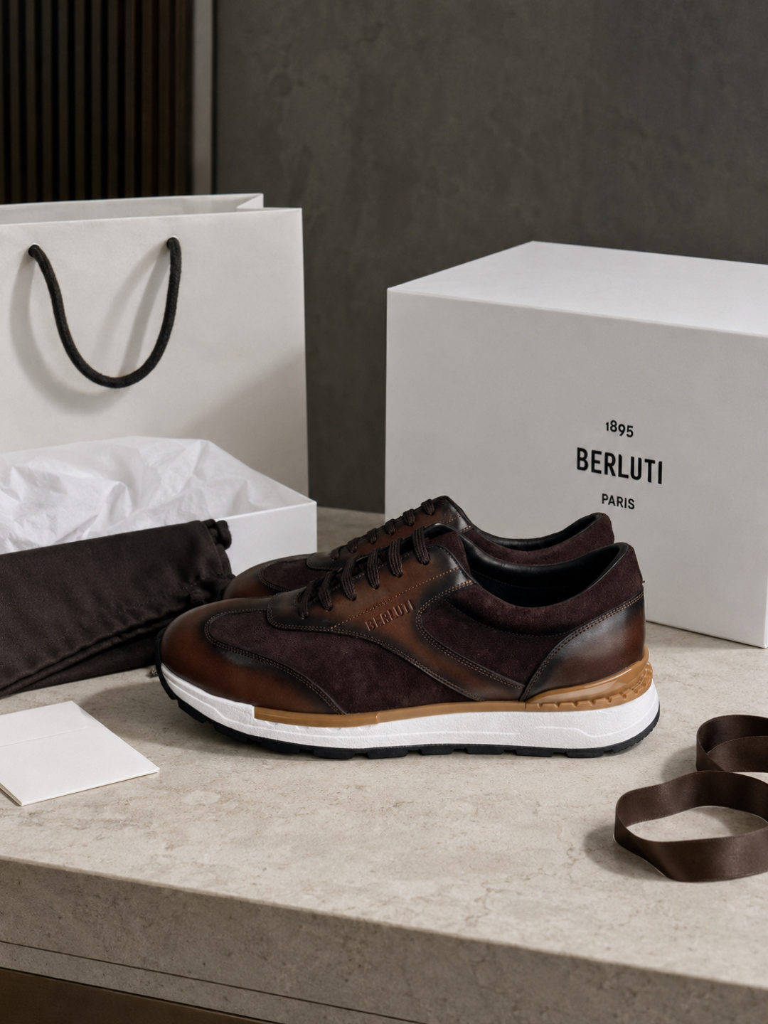 Berluti Blue Patina Leather Suede Sneakers