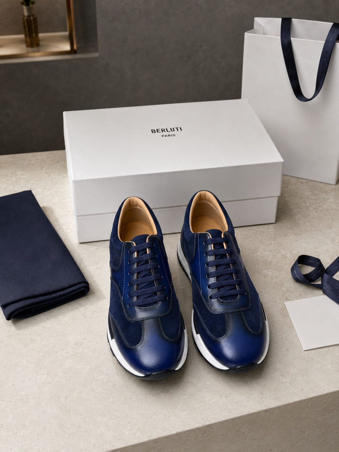 Berluti Blue Patina Leather Suede Sneakers