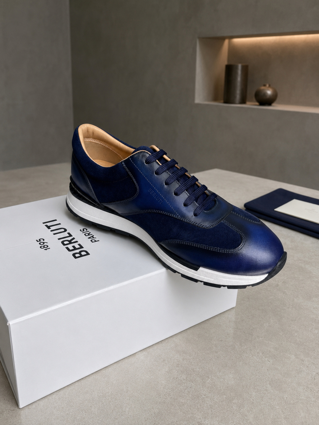 Berluti Blue Patina Leather Suede Sneakers