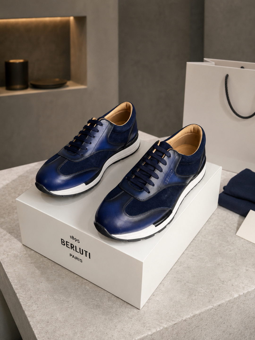 Berluti Blue Patina Leather Suede Sneakers