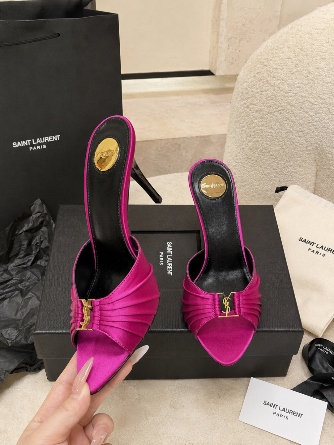 Saint Laurent Black Patent Leather YSL Heel Mules