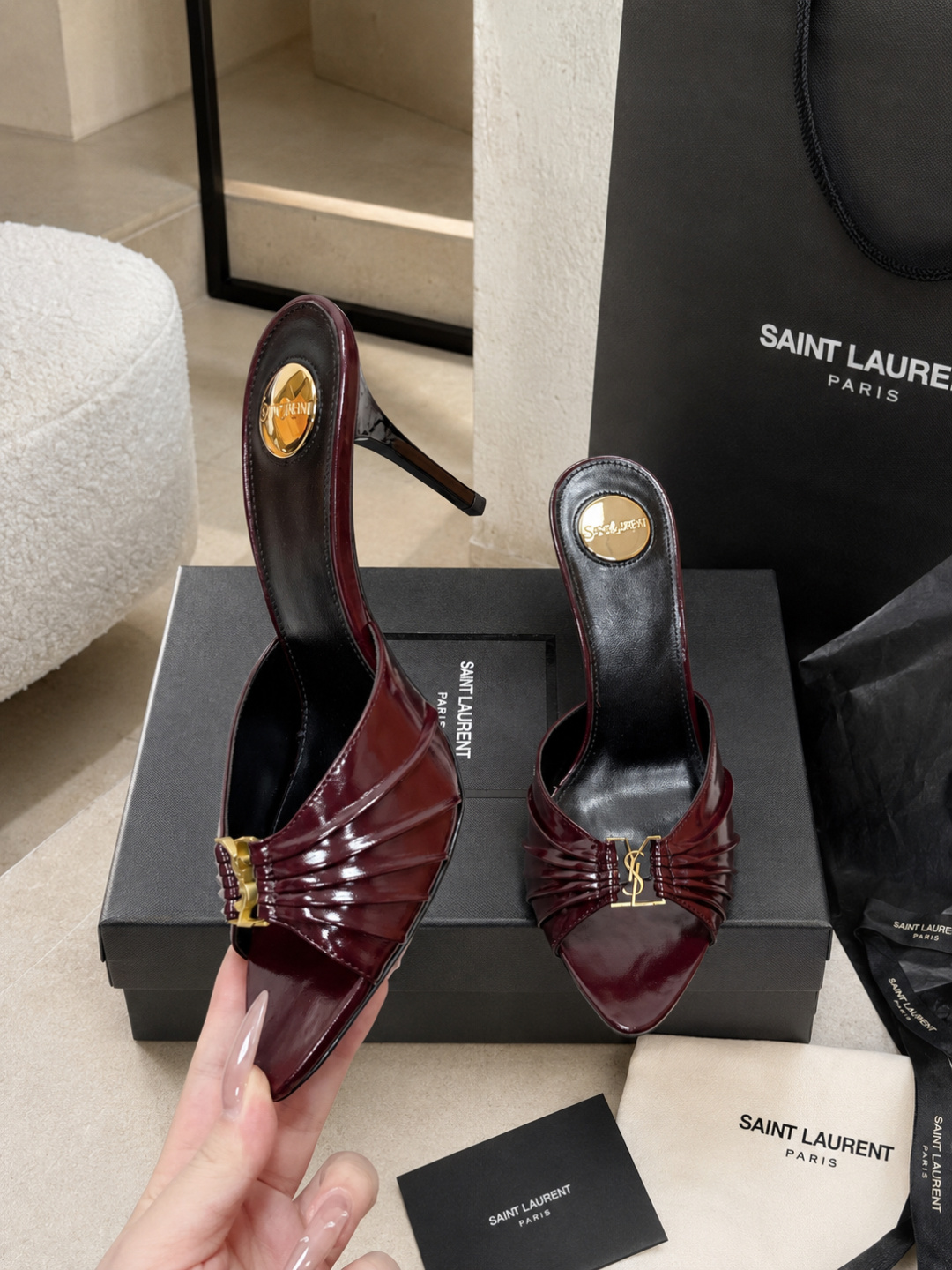 Saint Laurent Black Patent Leather YSL Heel Mules