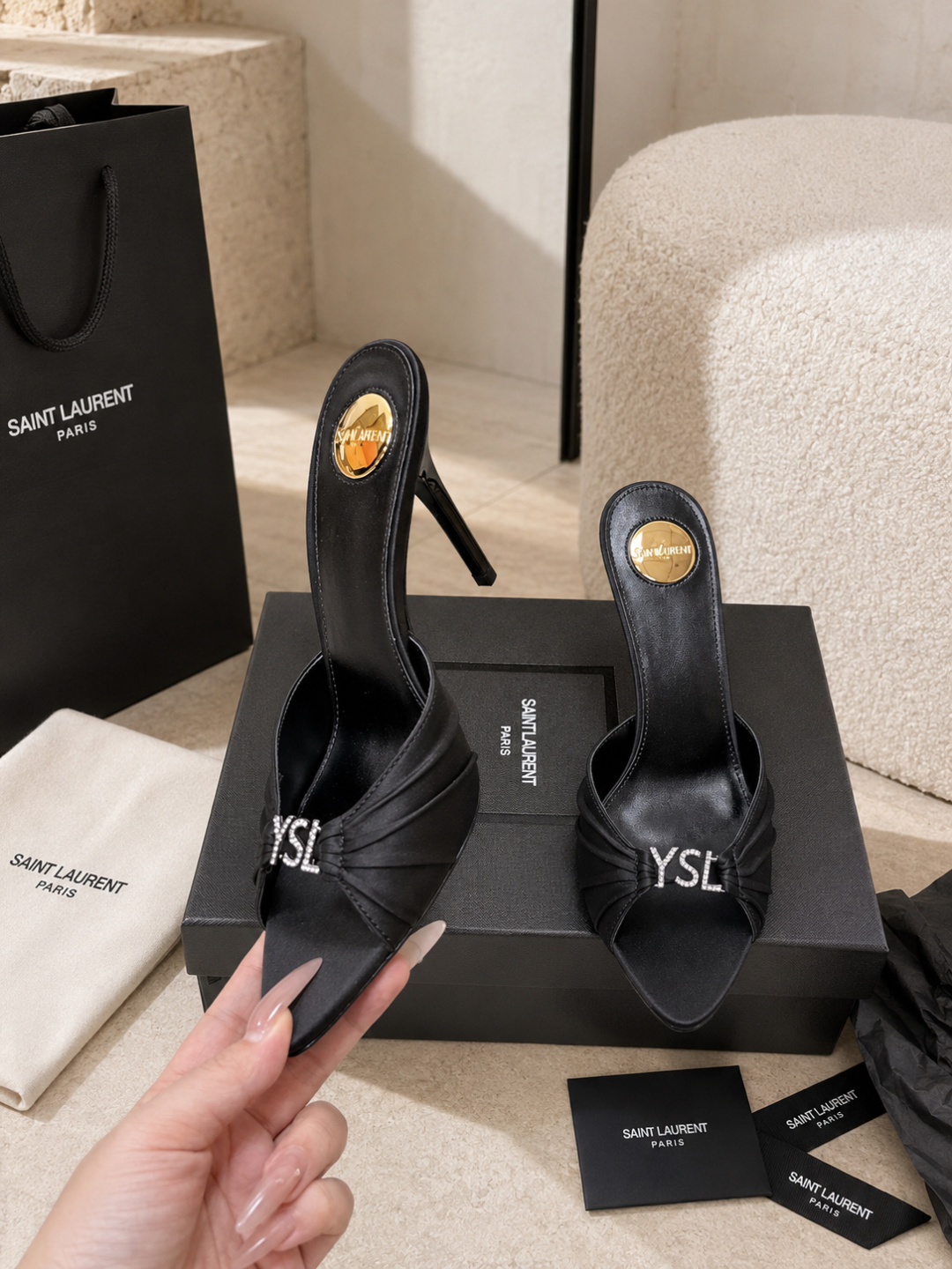 Saint Laurent Black Patent Leather YSL Heel Mules