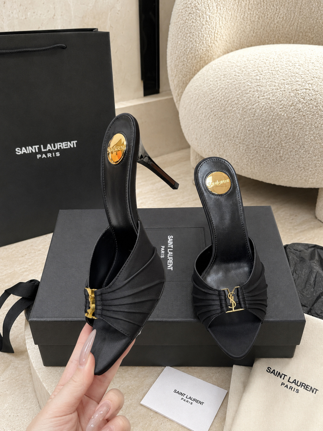 Saint Laurent Black Patent Leather YSL Heel Mules