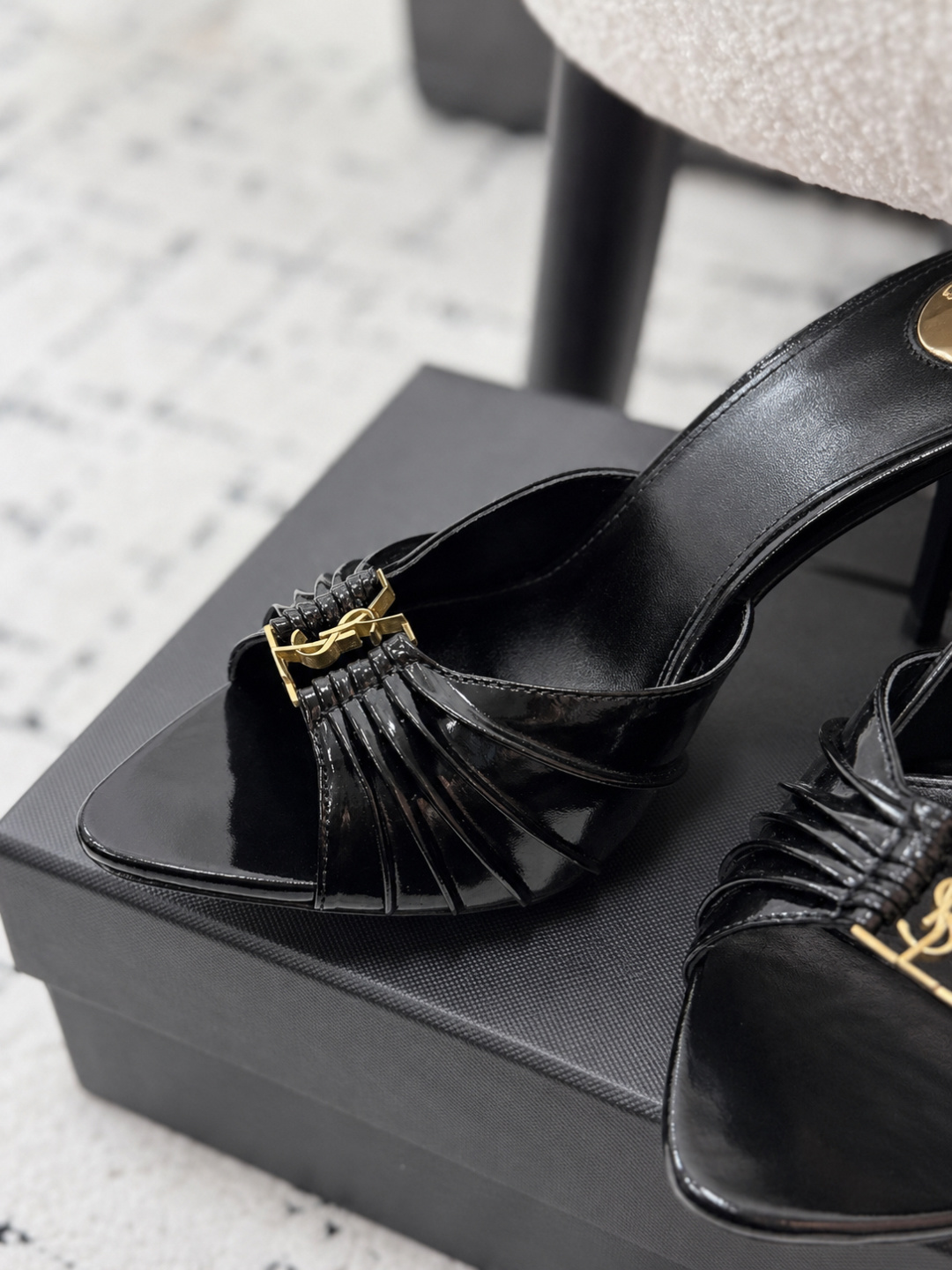 Saint Laurent Black Patent Leather YSL Heel Mules