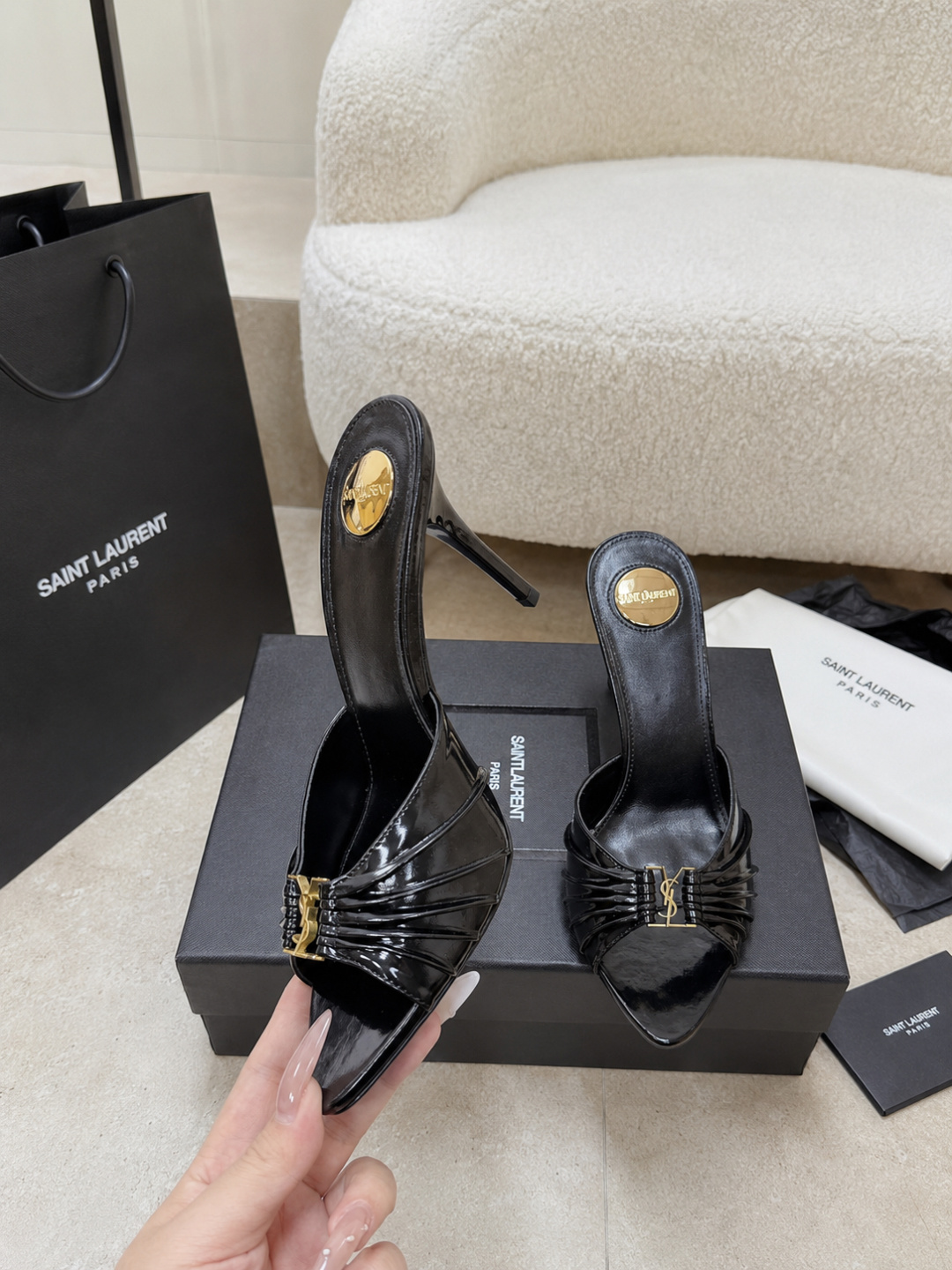 Saint Laurent Black Patent Leather YSL Heel Mules