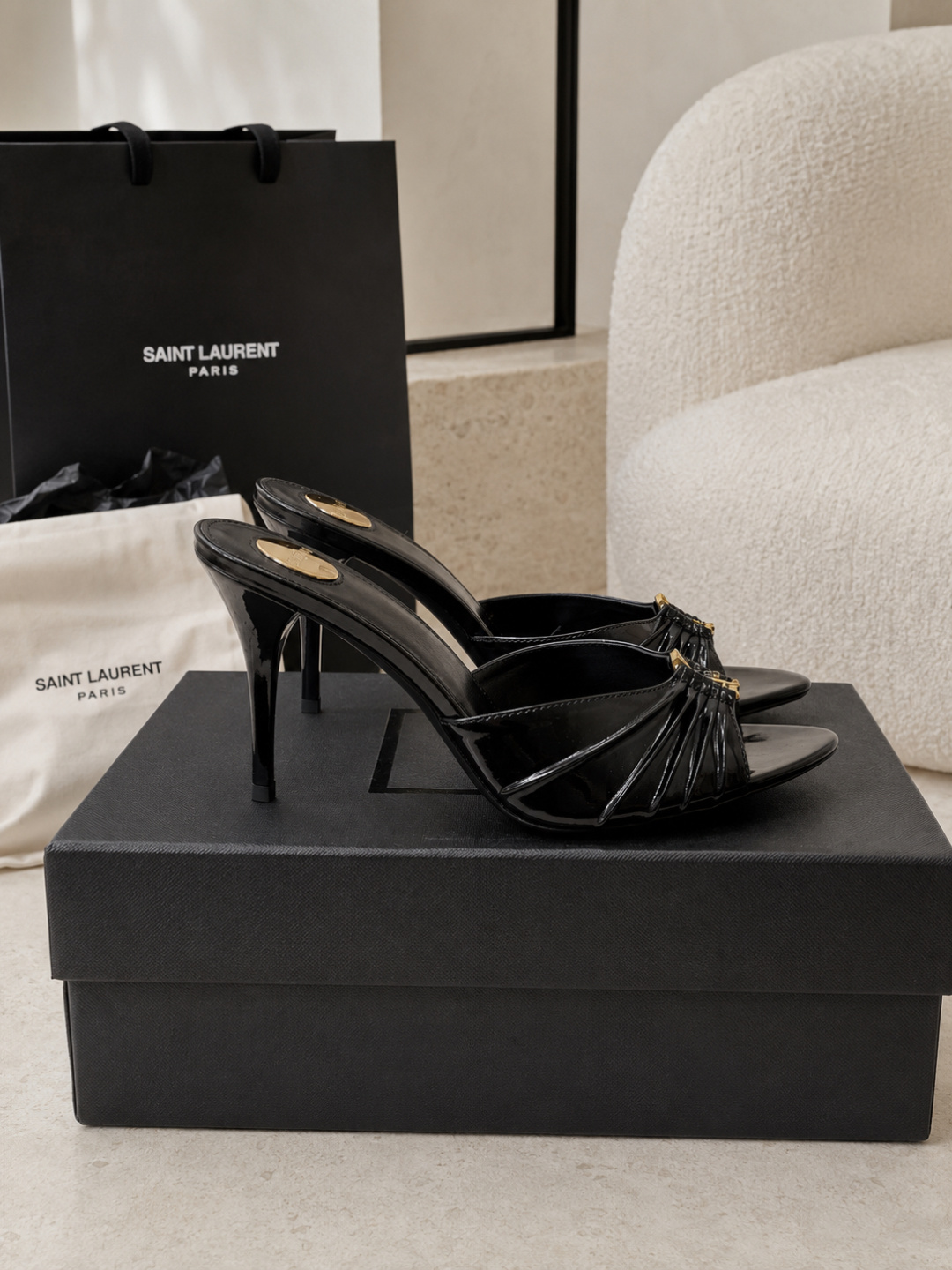 Saint Laurent Black Patent Leather YSL Heel Mules