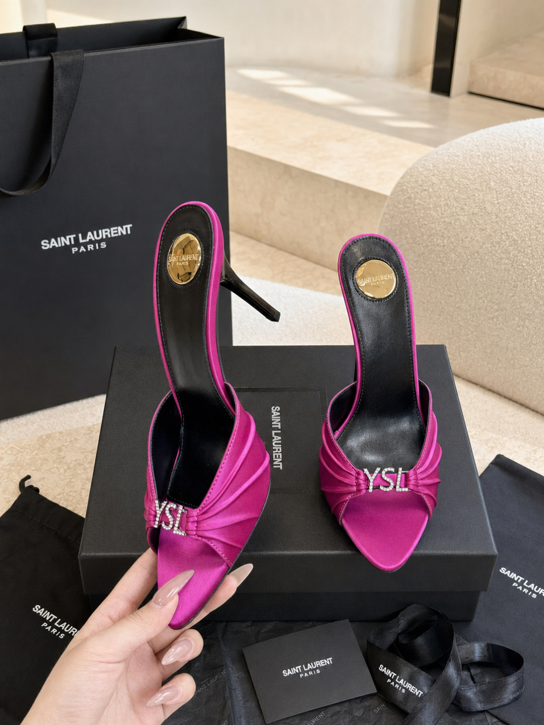 Saint Laurent Black Patent Leather YSL Heel Mules
