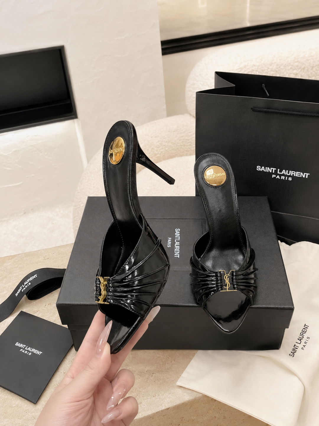 Saint Laurent Black Patent Leather YSL Heel Mules