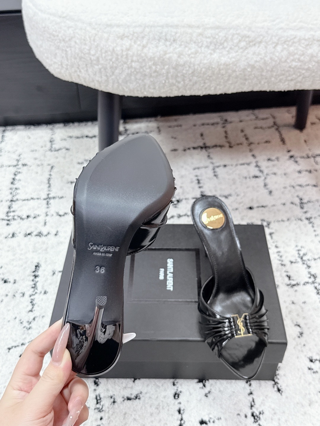 Saint Laurent Black Patent Leather YSL Heel Mules