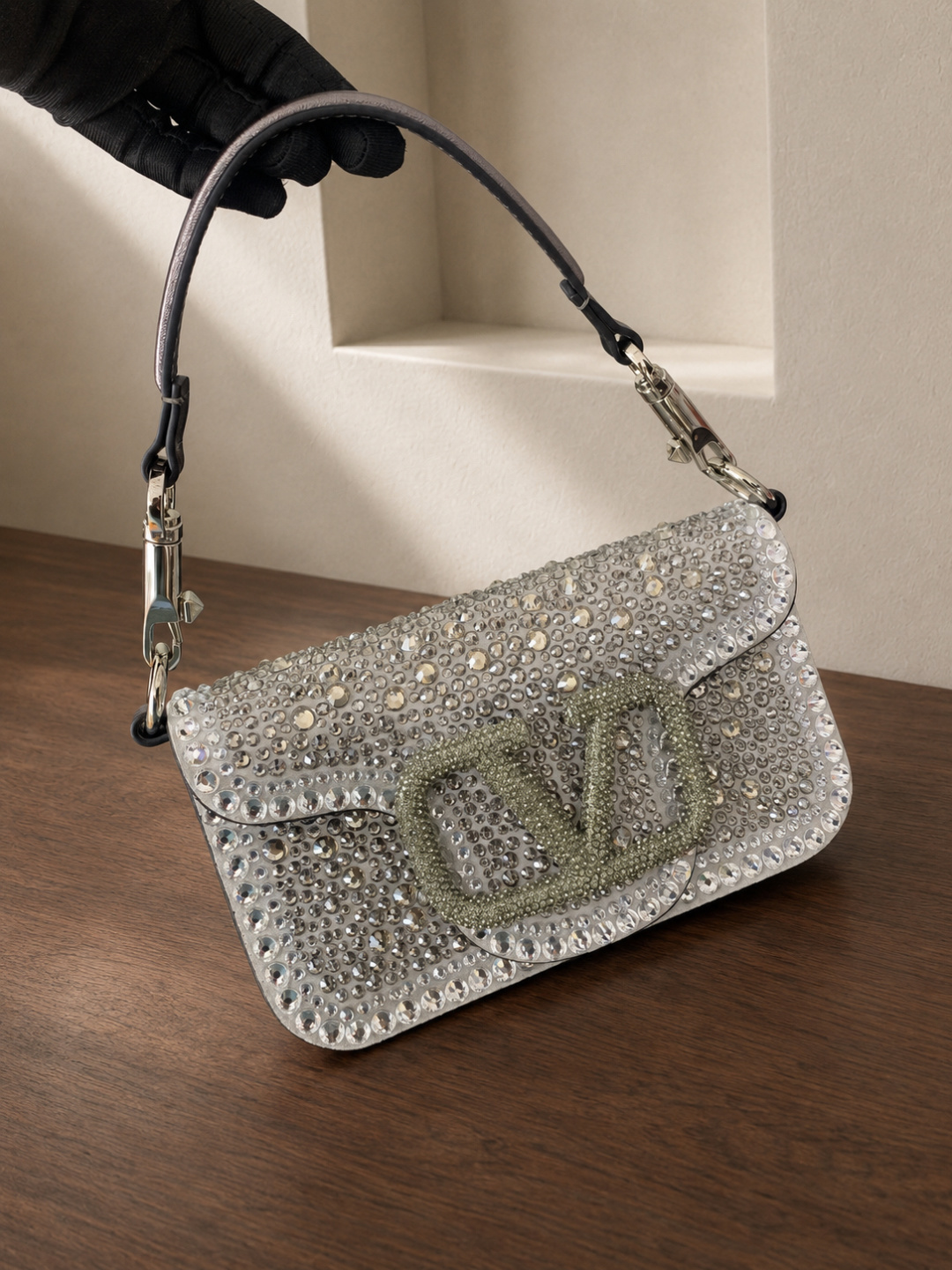 Valentino Garavani Crystal V Logo Shoulder Bag