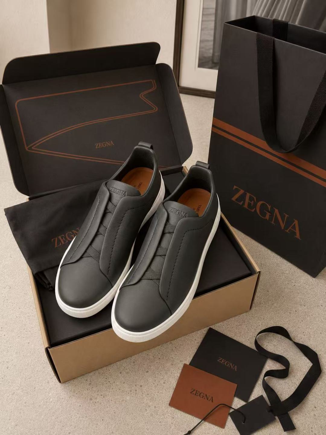 Zegna Brown Leather Slip-On Sneakers