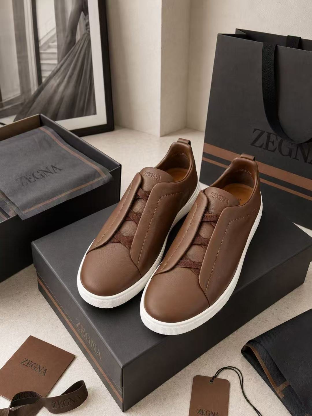 Zegna Brown Leather Slip-On Sneakers