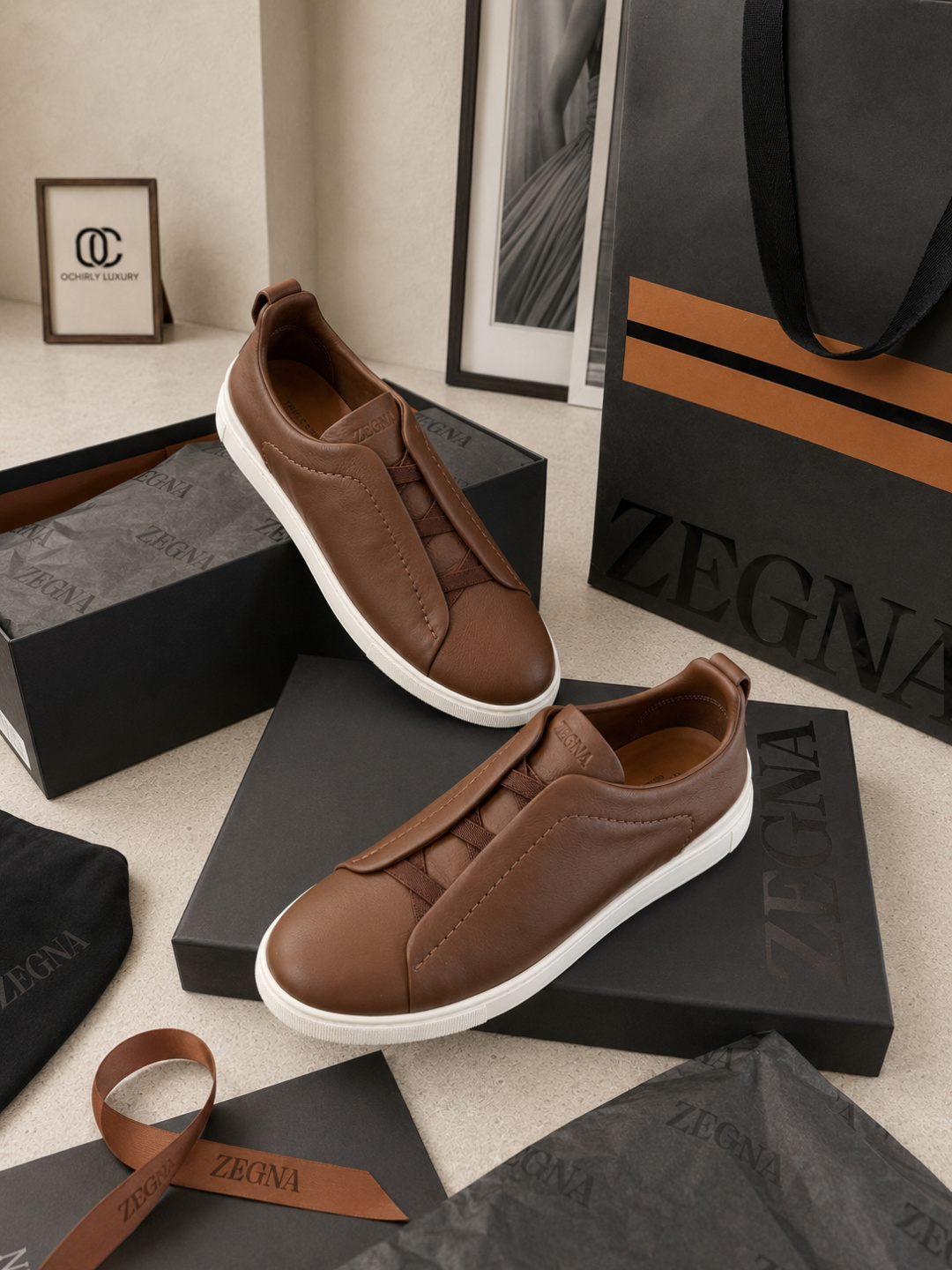 Zegna Brown Leather Slip-On Sneakers