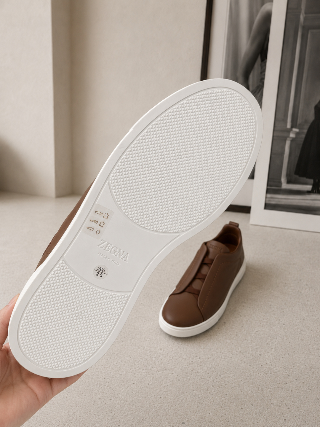 Zegna Brown Leather Slip-On Sneakers