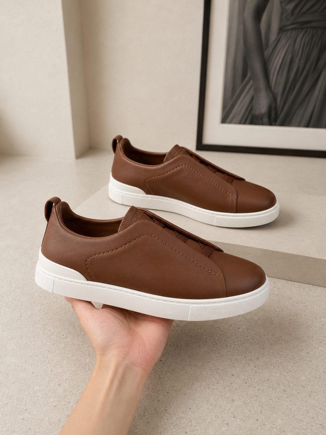 Zegna Brown Leather Slip-On Sneakers