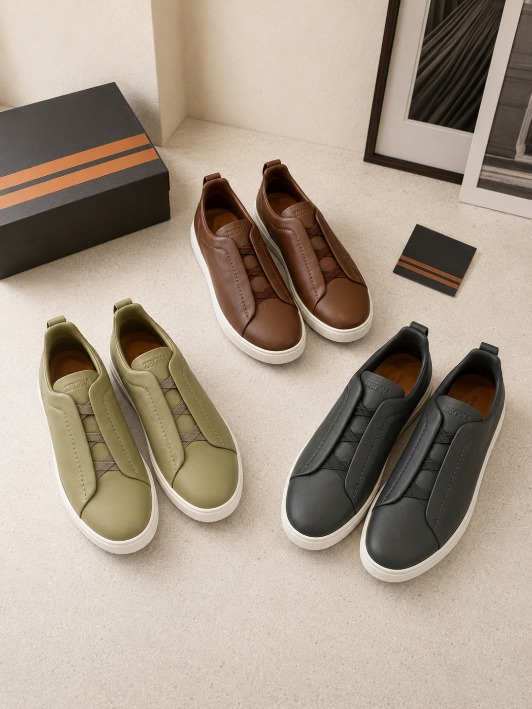 Zegna Brown Leather Slip-On Sneakers