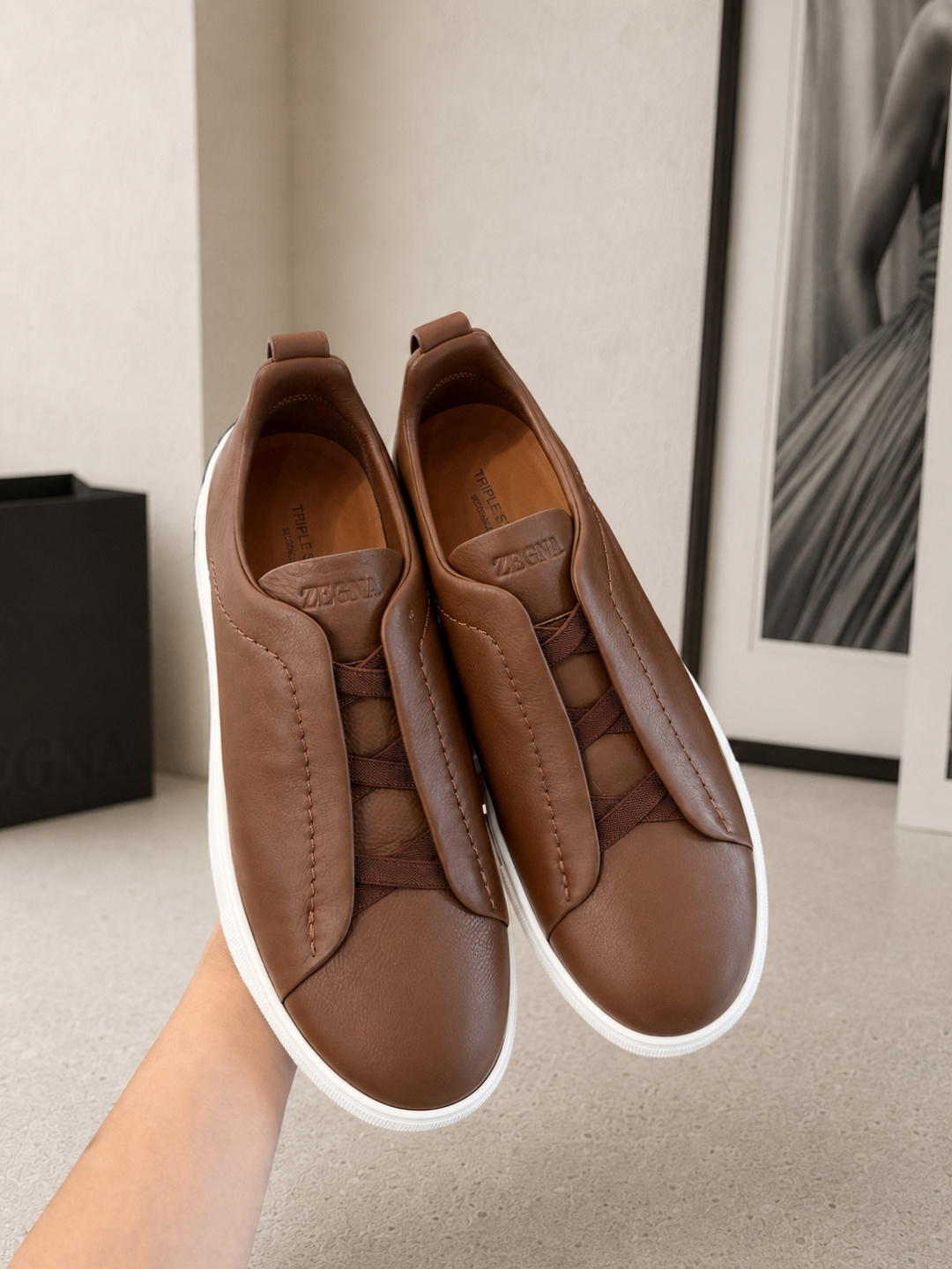 Zegna Brown Leather Slip-On Sneakers