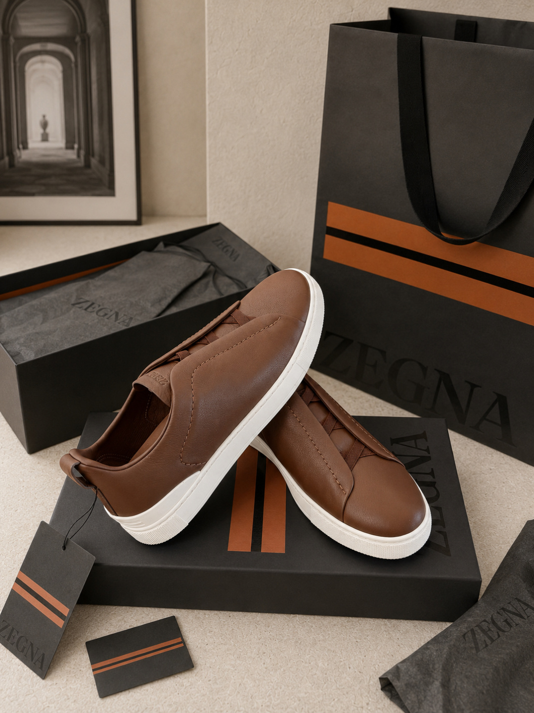 Zegna Brown Leather Slip-On Sneakers