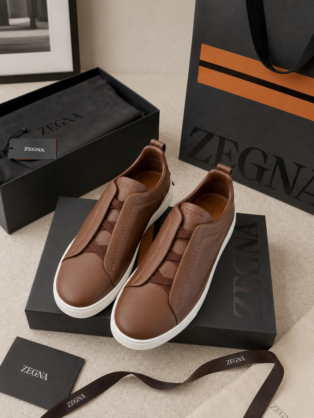 Zegna Brown Leather Slip-On Sneakers